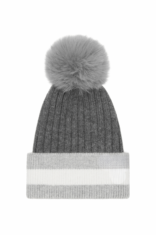 Cashmere Striped Faux Fur Pom Pom Hat Charcoal