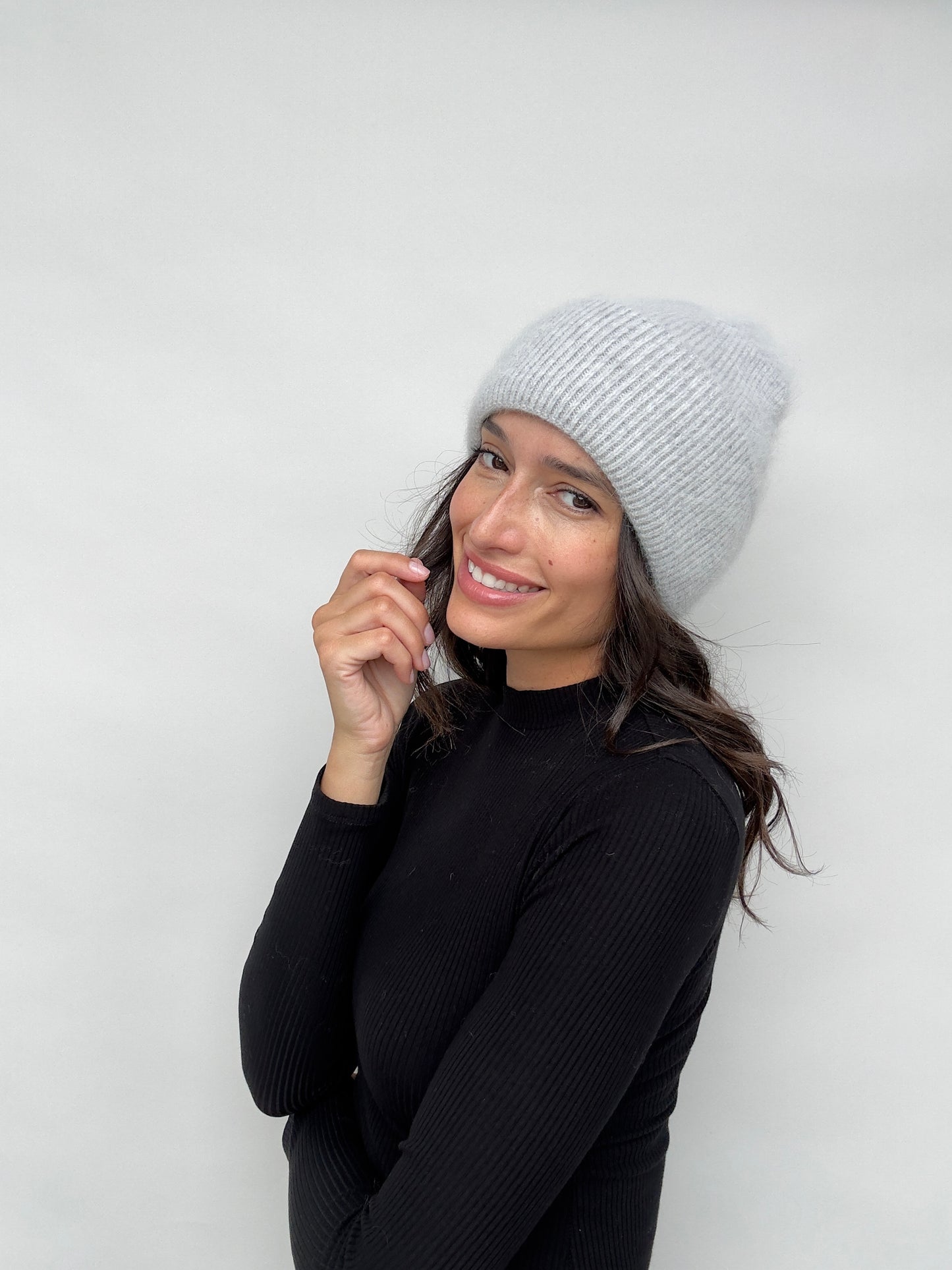 Fine Knit Ribbed Beanie - Grey