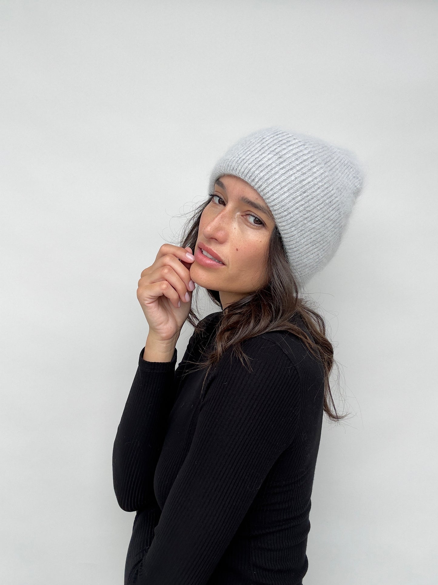 Fine Knit Ribbed Beanie - Grey