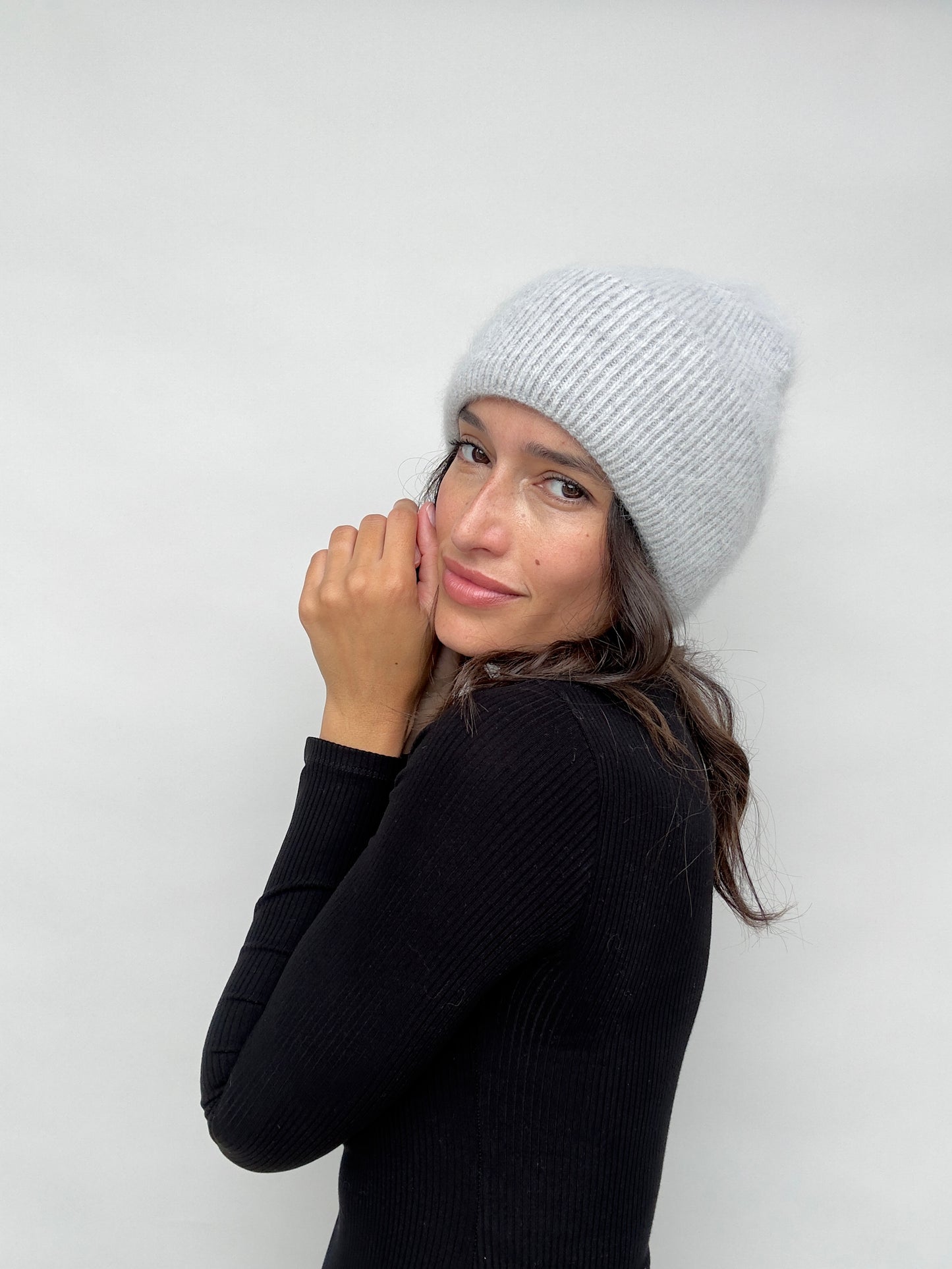 Fine Knit Ribbed Beanie - Grey